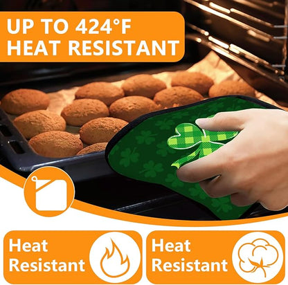 Green Clover Oven Mitts and Pot Holders Sets 4Pcs,Extra Long Oven Gloves Potholder for Kitchen Cooking Baking BBQ 100% Cotton Heat Resistant(St. Patrick's Day) - Image 4
