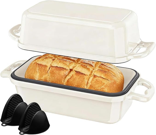Enameled Cast Iron Sourdough Bread Dutch Oven, Cast Iron Loaf Bread Pan for Homemade Bread Baking, 2PCS 8.5 x 4.5 Inch Meatloaf Pan with Lid, Oven Safe, Cream