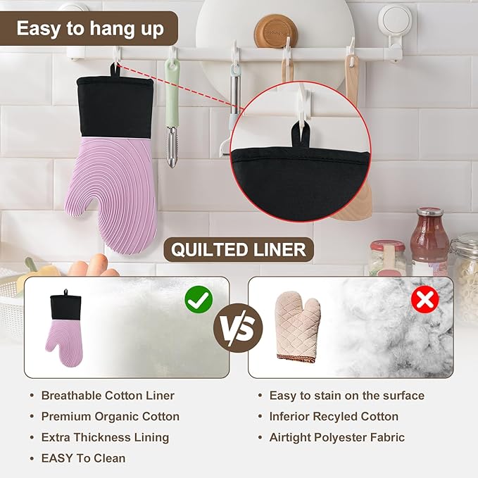 Silicone Oven Mitts-13.6 in Extended Oven Mitts Heat Resistant 500F, Oven Gloves with Soft Liner Good Grippy BPA-Free Easy to Clean Flexible-Oven Mits Set for Cooking Baking Grilling BBQ - Image 6