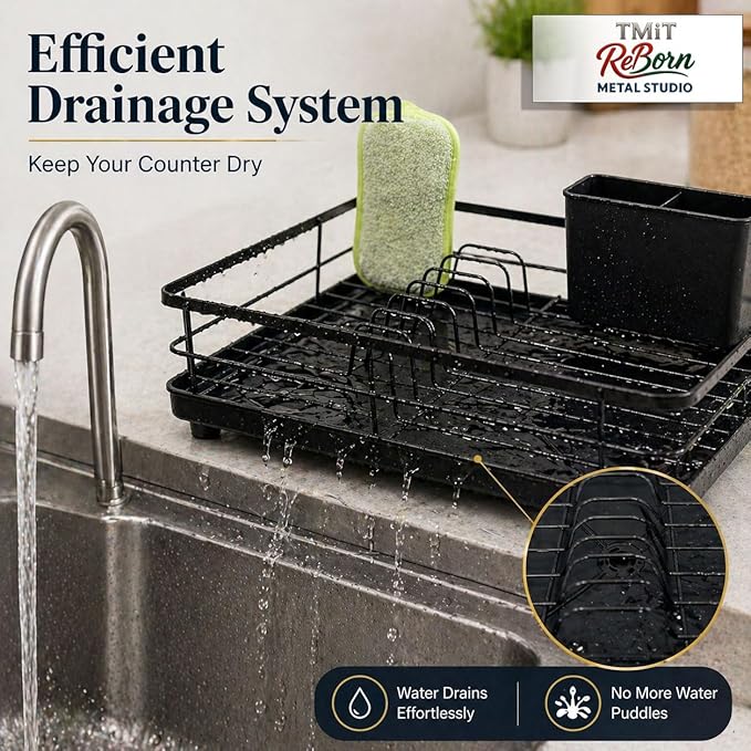 Metal Dish Drying Rack for Kitchen Counter, Black, Sink Organizer with Cutlery Holder, Kitchen Storage and Organization Essentials, 11.8 x 15.7 Inch