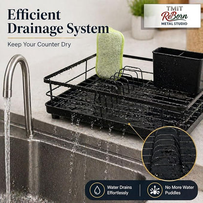 Metal Dish Drying Rack for Kitchen Counter, Black, Sink Organizer with Cutlery Holder, Kitchen Storage and Organization Essentials, 11.8 x 15.7 Inch