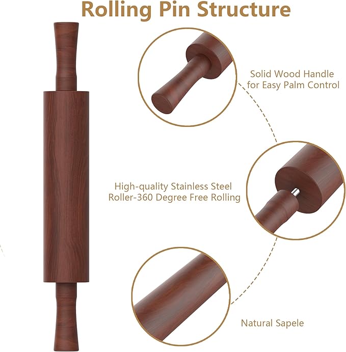 Classic Wooden Rolling Pin with Handle and Pastry Mat for Fondant, Pizza, Pies, Cookies,Rolling Pin for Baking with 3 Multi-Color Thickness Rings,17" x 2.5" (Include handle) - Image 4