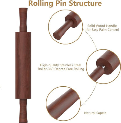 Classic Wooden Rolling Pin with Handle and Pastry Mat for Fondant, Pizza, Pies, Cookies,Rolling Pin for Baking with 3 Multi-Color Thickness Rings,17" x 2.5" (Include handle) - Image 4