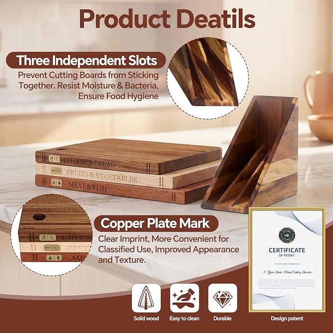 Book Cutting Board Set with Separated Stand, 3 Piece [Acacia/Ebony/Rubber] Wood Cutting Boards That Look Like Books for Kitchen Decor, Reversible Thick Chopping Board with Brass Food Labels - Image 3