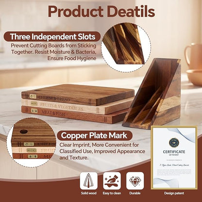 Book Cutting Board Set with Separated Stand, 3 Piece [Acacia/Ebony/Rubber] Wood Cutting Boards That Look Like Books for Kitchen Decor, Reversible Thick Chopping Board with Brass Food Labels - Image 3