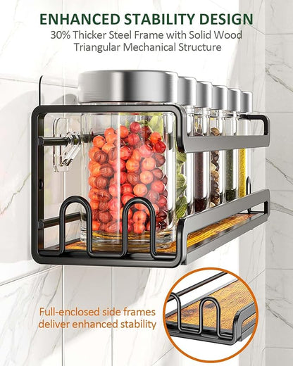 Doakhirmit Wall Mounted Spice Rack with 16 Hooks, Rustic Wood Spice Organizer Shelf for Stove Cabinet Pantry Door,Screw or Adhesive Hanging Spice Shelf,Wall Spice Rack in Kitchen and RV,2 Pack - Image 6