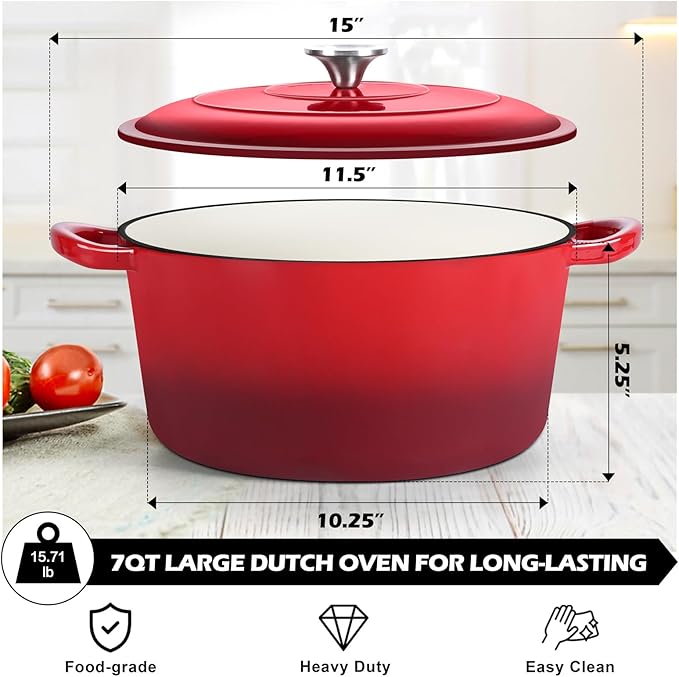 TeamFar Enameled Cast Iron Dutch Oven, 7qt Dutch Oven Pot Nonstick Cookware with Lid & Dual Handles for Bread Baking, Cooking, Oven Safe up to 500℉ & Various Stovetops, Healthy & Heavy Duty - Red - Image 2