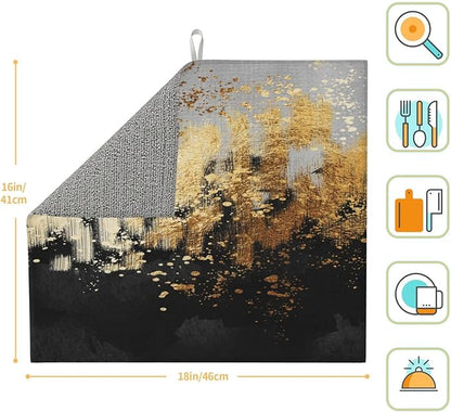 Black Gold Art Splash Dish Drying Mat for Kitchen Counter, Absorbent Microfiber Abstract Modern Drying Pad, 16 x 18 inch, Luxury Decorative Foldable Kitchen Mat for Sink & Coffee Bar, Black Home Decor