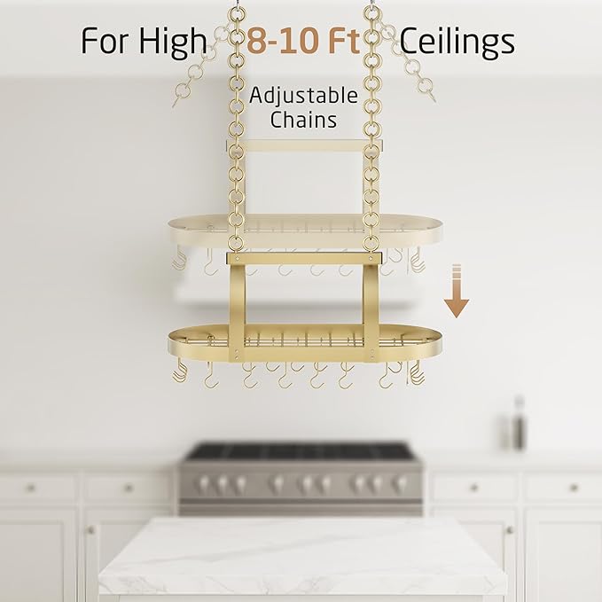 KES Gold 34 Inch Hanging Pot Rack, 100 LBS Capacity Heavy Duty Oval Pot and Pan Hanging Rack Ceiling Mount, Pot Pan Hangers Organizer for Kitchen Island with 20 Hooks (For 16" and 24" Joist) - Image 8