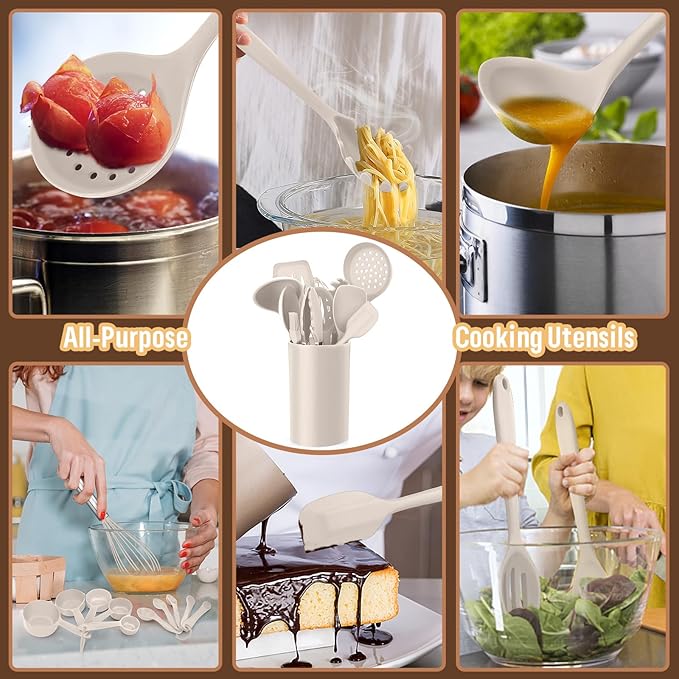 Silicone Kitchen Utensils Set, E-far 23 Pcs Khaki Cooking Utensils Tools with Holder for Nonstick Cookware, Include Spatula/Spoon/Ladle/Tongs/Turner, Heat Resistant & Nontoxic, Dishwasher Safe - Image 4