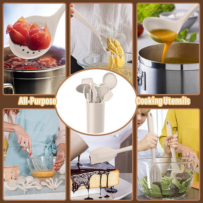Silicone Kitchen Utensils Set, E-far 23 Pcs Khaki Cooking Utensils Tools with Holder for Nonstick Cookware, Include Spatula/Spoon/Ladle/Tongs/Turner, Heat Resistant & Nontoxic, Dishwasher Safe - Image 4