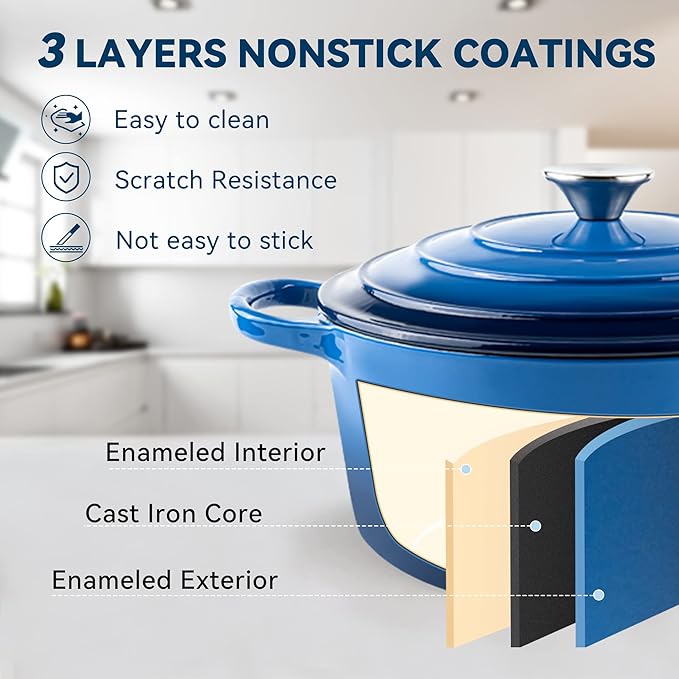 Miereirl 6 Quart Enameled Dutch Oven Pot with Lid, Cast Iron Dutch Oven with Dual Handles for Bread Baking, Cooking, Non-stick Enamel Coated Cookware (Dark Blue) - Image 3