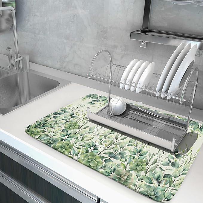 Giwawa Spring Summer Leaf Dish Drying Mat for Countertop, 18"x24" Eucalyptus Leaves Butterfly Dish Drainer Mats, Sage Green Fast Dry Microfiber Large Dish Drying Pad Decoration