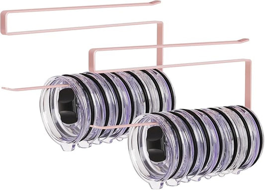 2 Pack Tumbler Lid Organizer, Horizontal Tumbler Lid Storage Hook to Hold Up 20 Lids, Space Saving Cup Lid Holders Under Cabinet Tumbler Lid Hook for Kitchen Organizer, Paper Towel Rack Hanger (Pink) by JOLENSOY