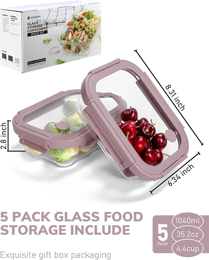 5-Pack Borosilicate Glass Containers with Tempered Lids, 35.2oz/4.4 Cup Airtight Meal Prep Set, Microwave/Freezer Safe (Pink) - Image 2