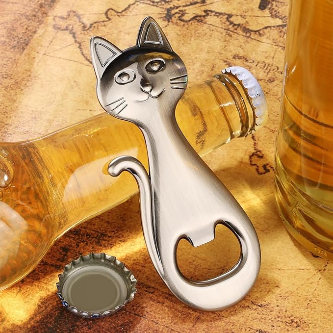 Cat Beer Bottle Opener, Cat Gifts for Cat Lovers, Kitty Beer Opener, Birthday Gifts, Christmas Gifts for Women Men, Silver with Bag