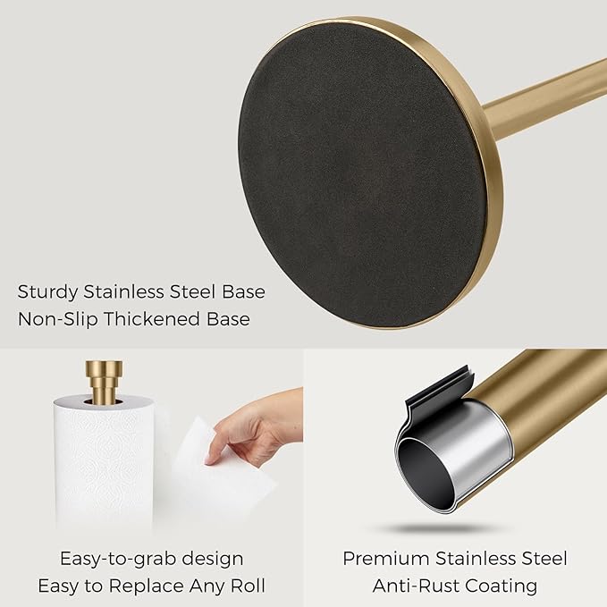 Warm Gold Paper Towel Holder Countertop, Freestanding Paper Towel Stand with Weighted Non-Slip Base, Easy Assembly, Unique Decorative End Cap for Kitchen and Bathroom - Image 6