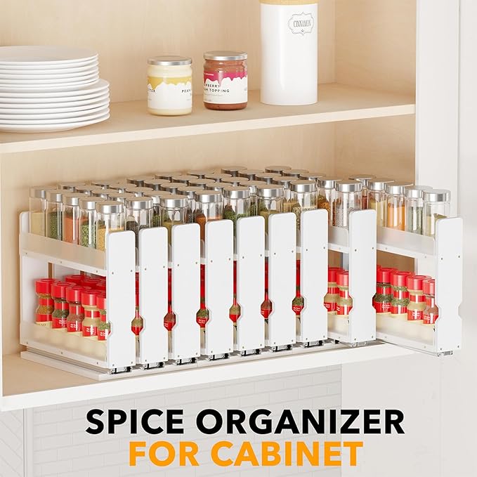 SpaceAid Bamboo Pull Out Spice Rack Organizer for Cabinet, Heavy Duty Slide Out Seasoning Kitchen Pantry Sliding Vertical Organization, 7.6" Wide, 3 Drawers(2" Wide), 2-Tier, White - Image 6