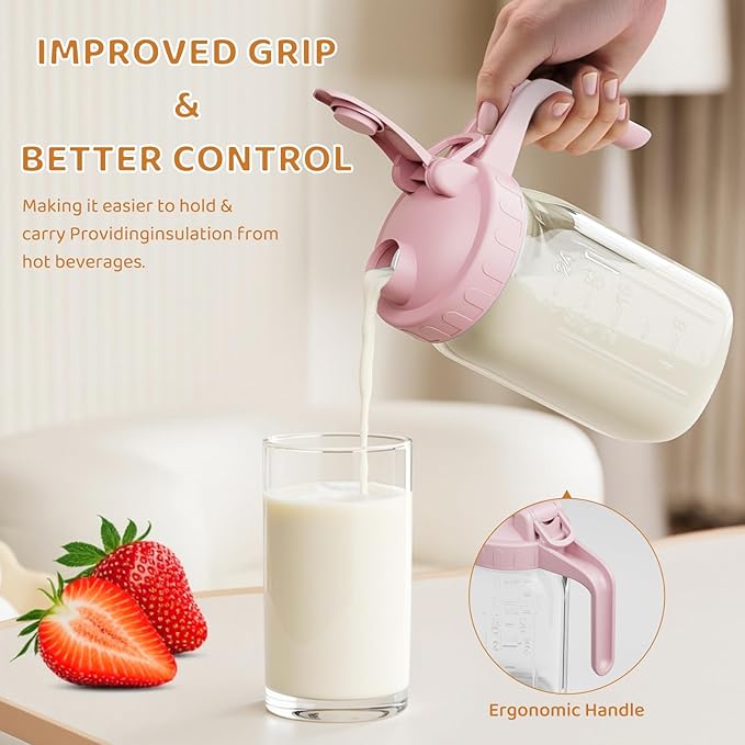 Breast Milk Pitcher, Mason Jar 32 oz, Heavy Duty Wide Mouth Jar with Pink Flip Cap Lid and Pour Spout, Airtight Seal for Freshness and Convenience, Great for Cold Beverages and Home Entertaining - Image 3