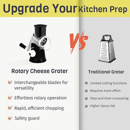 X Home Rotary Cheese Grater for Kitchen, Shredder with 3 Interchangeable Blades, Rotary Grater with Handle and Strong Suction Base, for Vegetables, Fruit, Nuts, Easy to Use and Clean, Black - Image 2