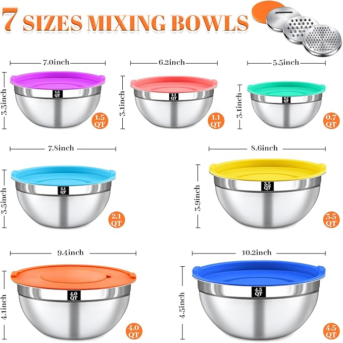 21PCS Mixing Bowls with Lids Set - 7 Nesting Mixing Bowls, 3 Graters, 11 Baking Tools, Lids, Stainless Steel Mixing Bowl for Mixing & Baking, Size 0.7/1.1/1.5/2.1/3.5/4/4.5 QT, Colorful - Image 2