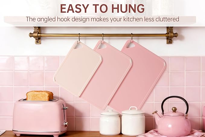THETCHRY Plastic Cutting Board Set, Pink Cutting Board with Non-slip, Cutting Board for Kitchen Set of 3, Dishwasher Safe, BPA Free, Reversible, with Grip Handle, Pink - Image 7