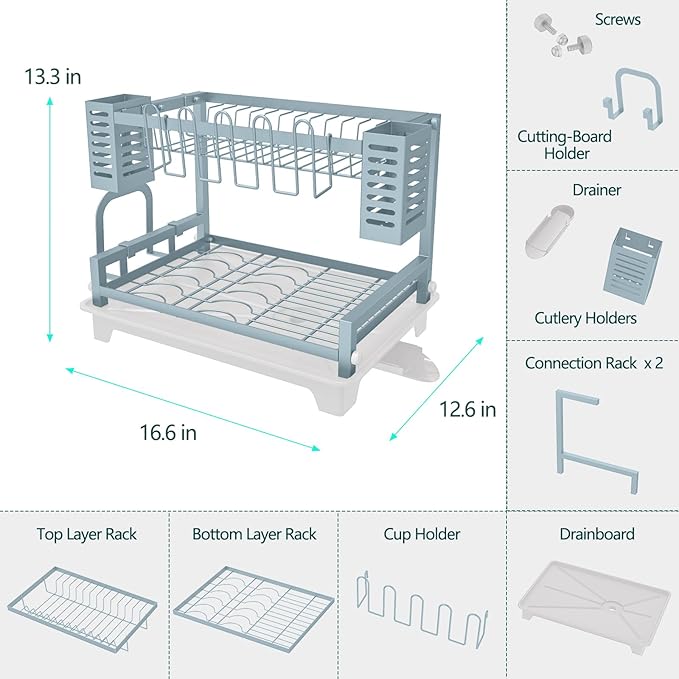 B-Land Dish Drying Rack, 2 Tier Dish Racks for Kitchen Counter, Large Dish Drying Rack with Drainboard & Utensil Holders, Rust-Proof Dish Drainers,Kitchen Organization - Image 5