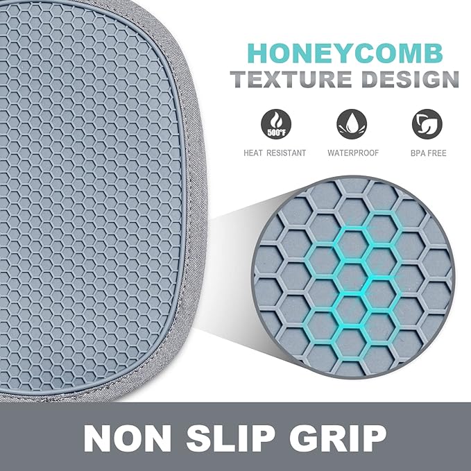 2-Pack Silicone Pot Holders for Kitchen Heat Resistant up to 500°F, Non-Slip Large Hot Pads with Pocket, Quilted Liner Trivets for Countertops Hot Pots and Pans (Gray) - Image 3