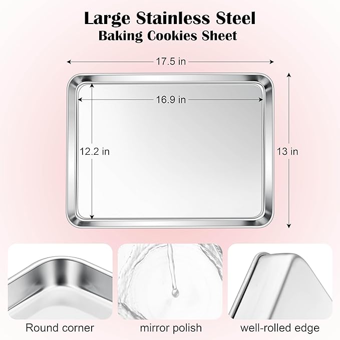 E-far Cookie Sheet for Baking, 18”x13” Stainless Steel Baking Sheet Pan for Oven, Large Non Toxic Metal Baking Tray for Cake Cookies, Healthy & Rust Free, Mirror Finish & Dishwasher Safe, 1 Pack - Image 2