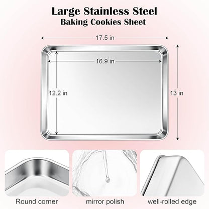 E-far Cookie Sheet for Baking, 18”x13” Stainless Steel Baking Sheet Pan for Oven, Large Non Toxic Metal Baking Tray for Cake Cookies, Healthy & Rust Free, Mirror Finish & Dishwasher Safe, 1 Pack - Image 2
