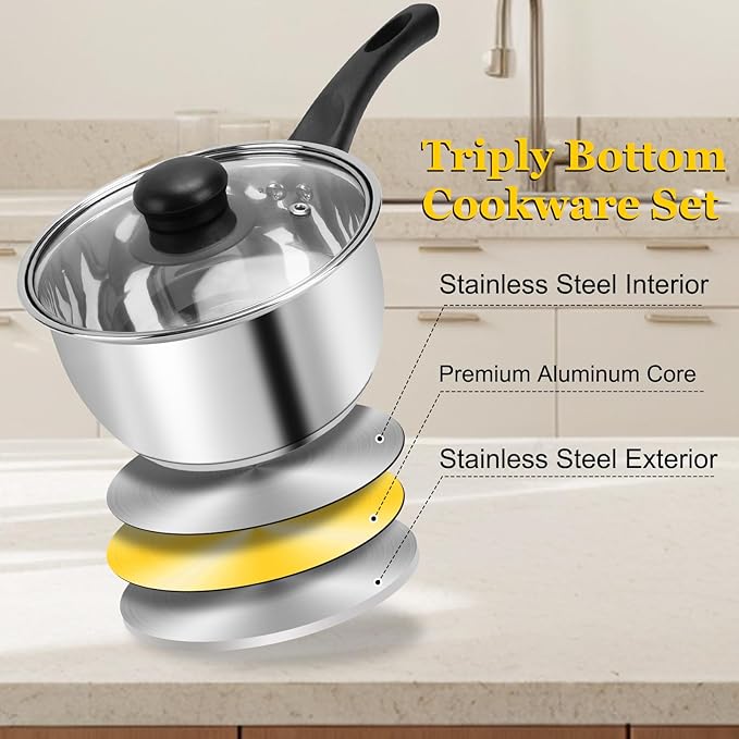 3pcs Stainless Steel Saucepan Set, Kitchen 1QT & 2QT & 3QT Pot Set with Lid Triply Base Sauce Pot for Cooking Stainless Steel Cookware Set - Image 3