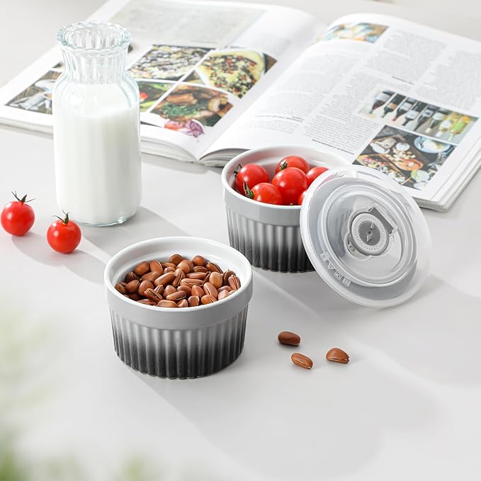 vancasso 6 oz Ramekins with Lid, Porcelain Creme Brulee Souffle Dishes,Set of 6, Grey Pudding Custard Cups Ramiken for Baking, Dishwasher and Oven Safe - Image 8