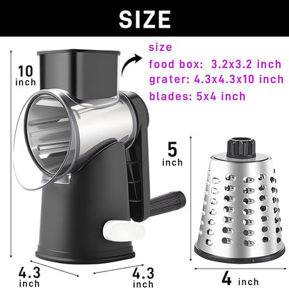 Weltonhm Rotary Cheese Graters with 4 Blades, Hand Crank Cheese Grater with Waffle Slicer, Black and White Cheese Shredder with Suction Base, Easier for Shredding & Grating (Black, 4 Graters)