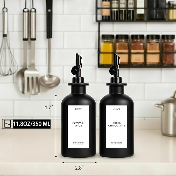 3PCS Olive Oil Dispenser Bottle For Kitchen, Soy Sauce Dispenser, Dark Glass Bottles for Oil and Vinegar Dispenser Set W. Wooden Tray & Labels & 3 Replacement Spouts, Coffee Syrup Dispenser(Black) - Image 6