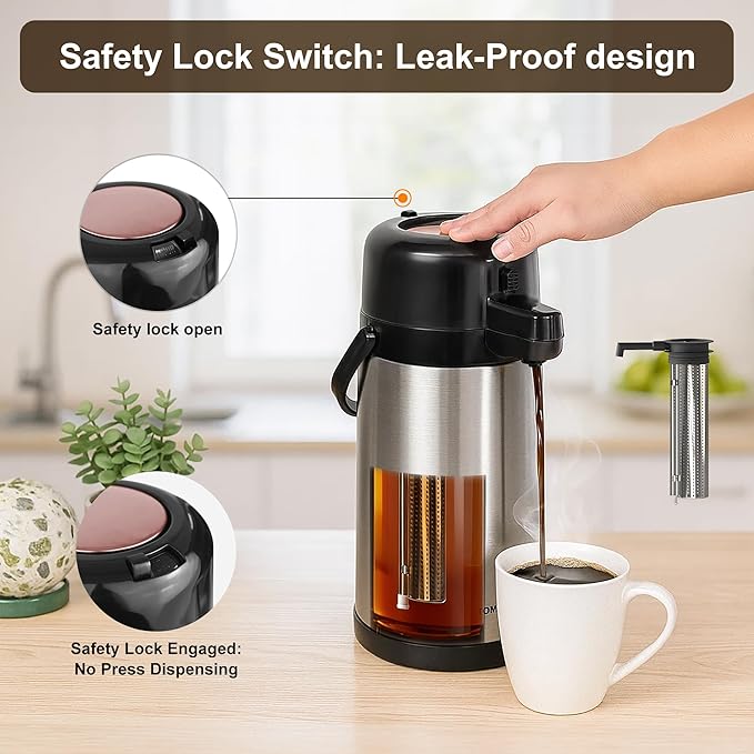 TOMAKEIT Airpot Coffee Dispenser with Pump,102 OZ/ 3L Large Coffee Dispenser with Tea Filter for Party Hot Drinks Water Tea Chocolate Hot/Cold Water, Insulated Stainless Steel Thermal Carafes - Image 6