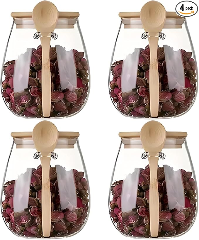 Airtight glass jar storage container with bamboo lid Set of 4, wide mouth, leak-proof, With a spoon, can be used for coffee beans, tea leaves, grains, dried fruits, etc (Middle*4pcs) by DNIENKGE