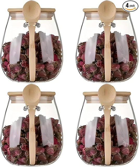 Airtight glass jar storage container with bamboo lid Set of 4, wide mouth, leak-proof, With a spoon, can be used for coffee beans, tea leaves, grains, dried fruits, etc (Middle*4pcs) by DNIENKGE
