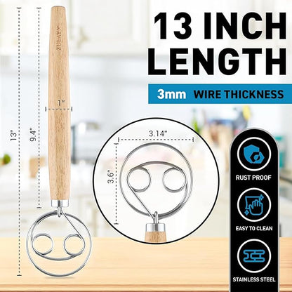 Zulay Kitchen Double-Eye 13" Danish Dough Whisk - Durable Easy Mixing Bread Whisk, Stainless Steel Danish Dough Hook, Sourdough Whisk For Mixing, Traditional Dutch Whisk, Dough Mixer Tool - Acacia - Image 2