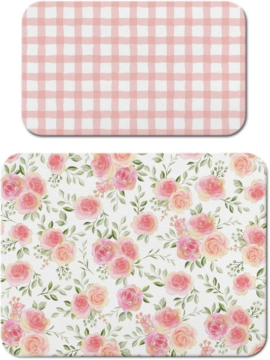 Dish Drying Mat for Kitchen Counter 2 Pack with Non-Slip Rubber Backing - Heat-Resistant Absorbent Coffee Bar Mat, Dish Rack Mat, Pink Flowers Dish Drying Mats 18x24+19.5x12 inch