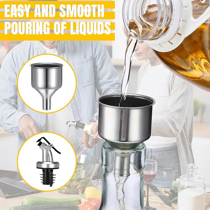 Hushee 12 Pcs Clear Glass Olive Oil Dispenser Bottles Sets Include 8oz Glass Bottle with Spout Oil Vinegar Cruet Container for Kitchen Stainless Steel Funnel Black Labels with White Pen(Silver) - Image 3