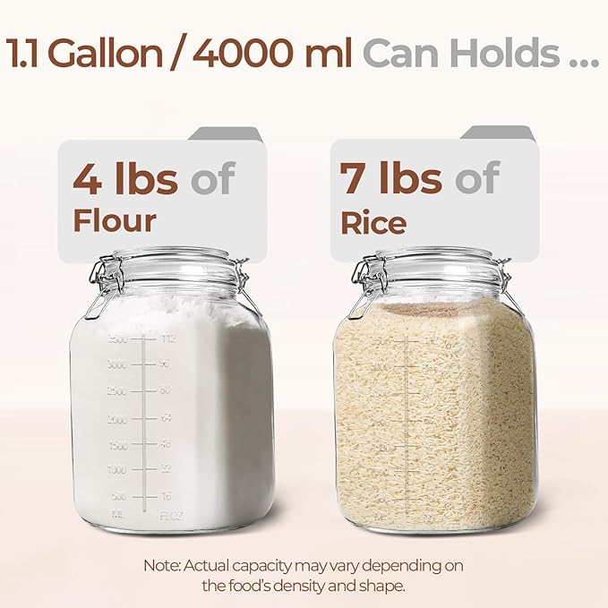 ComSaf 1 Gallon Square Glass Jars with Airtight Lids (135oz, Set of 2), Extra-Wide Mouth Canisters with Measurement Marks for Bulk Flour Storage, Fermenting Kombucha & Pickling - Image 8