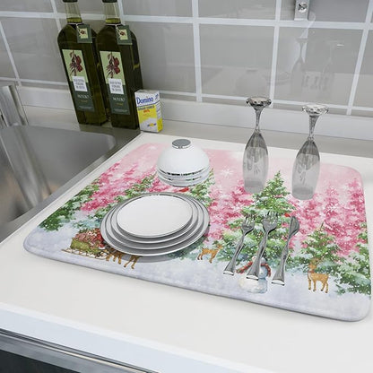 Winter Dish Drying Mats for Kitchen Counter Watercolor Forest Decoration Coffee Mat for Holiday Decor - Image 6