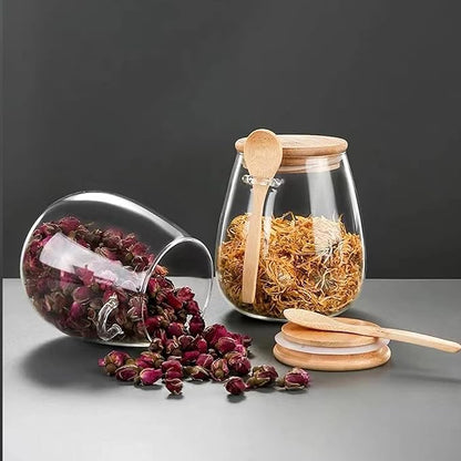 Airtight glass jar storage container with bamboo lid Set of 4, wide mouth, leak-proof, With a spoon, can be used for coffee beans, tea leaves, grains, dried fruits, etc (Middle*4pcs) - Image 5