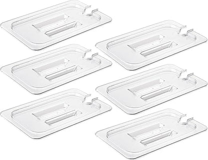 CURTA 6 Pack NSF Notched Food Pan Cover, 1/4 Size Clear Polycarbonate Lid with Handle for Commercial Food Pan, Dishwasher & Freezer Safe Plastic Clear