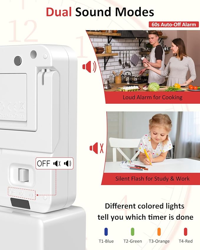 Digital Kitchen Timer for Cooking - 4 Channel Count Up Countdown Timer with Loud Alarm and Silent Mode, Large Display, Magnetic Back, Auto Memory for Classroom Study Gym, Battery Included (White) - Image 5
