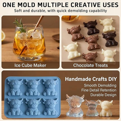 Mini Highland Cow Ice Cube Mold - Cute 3D Silicone Tray for Whiskey, Cocktails & Party Drinks, Fun Cow-Shaped Ice Maker for Bar, Home, Birthday Gift for Cow Lovers