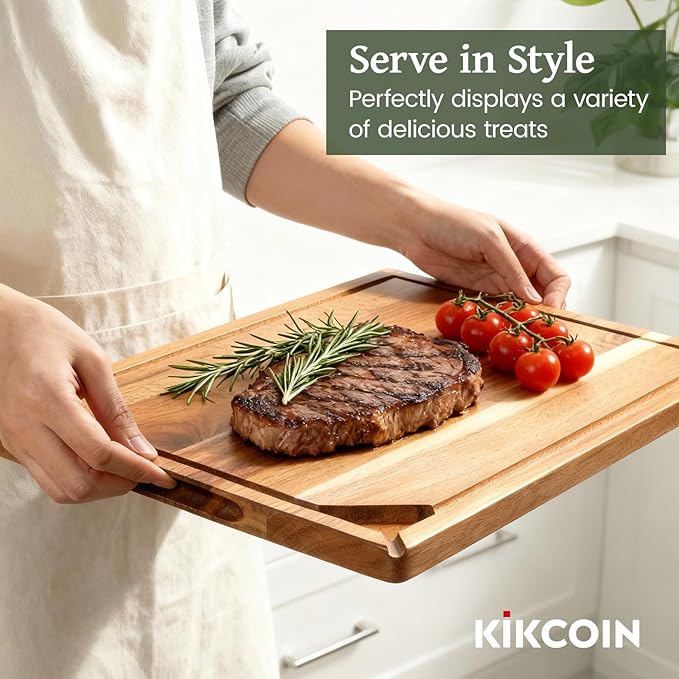 Kikcoin Acacia Wood Cutting Boards for Kitchen, Wooden Cutting Board, Chopping Board with Built-In Compartments and Juice Groove, Solid Charcuterie Board Serving Tray Wood Butcher Block, 17" x 11.8" - Image 6