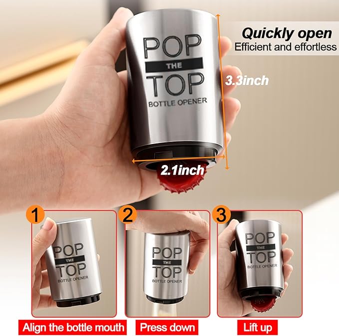 Pop The Top Bottle Opener, Automatic Beer Bottle Opener with Magnetic Cap Catcher, Push&Pop Stainless Steel One Handed Bottle Openers for Bar Kitchen Home Restaurant Beer Gift