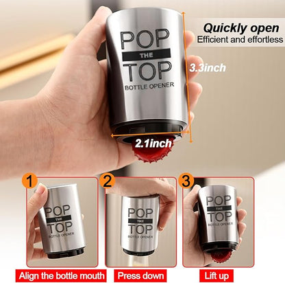 2PCS Beer Bottle Opener with Magnetic Cap, Automatic Stainless Steel One-Handed Bottle Cap Opener, Spring Loaded Push&Pop for Kitchen Home Bar Restaurant Household Utensils Destapador de Cerveza