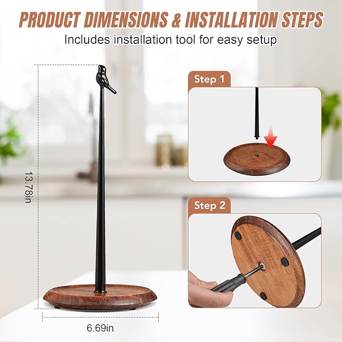 Wooden Paper Towel Holder countertop, Stylish Bird Shaped,Solid Wood Base&Iron Top, with Non-Slip Mat, Stable&Durable,Paper Towel Holder Farmhouse Style to Elevate Your Kitchen's Décor (Black) - Image 7